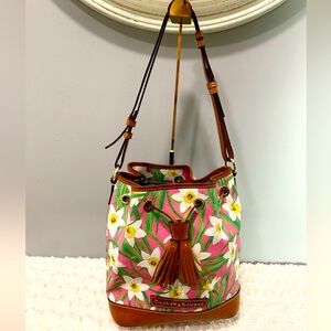 Dooney Bourke Pink Daffodil Flower Drawstring Bucket Bag Purse Colorful Classy